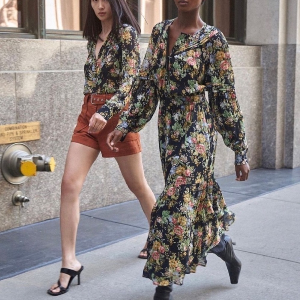 10 Crosby Derek Lam Black Floral Print Layered Long Dress